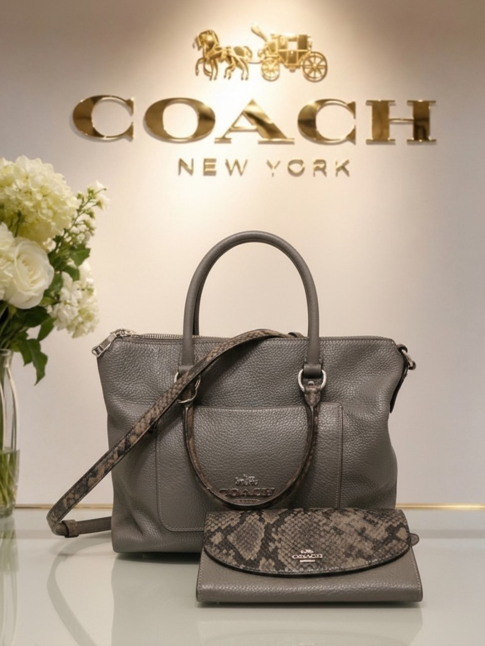 Coach Granite Grey Pebbled Leather Emma Satchel Bag & Matching Wallet Set